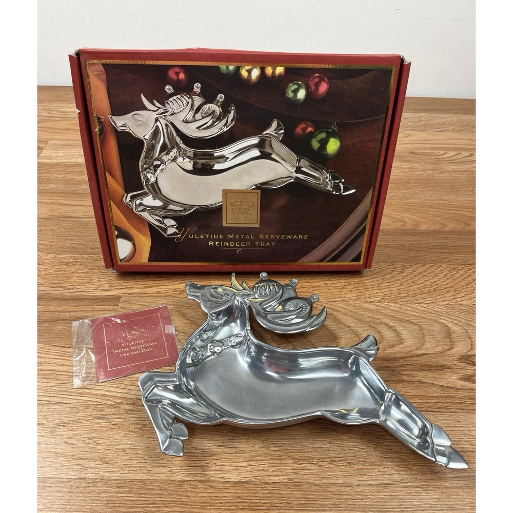 Lenox Yuletide Metal Serveware Reindeer‎ Tray Candy Trinket Dish Silver in Box